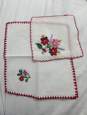 2 Embroidered Floral Napkin Handkerchief White Multicolor Like New